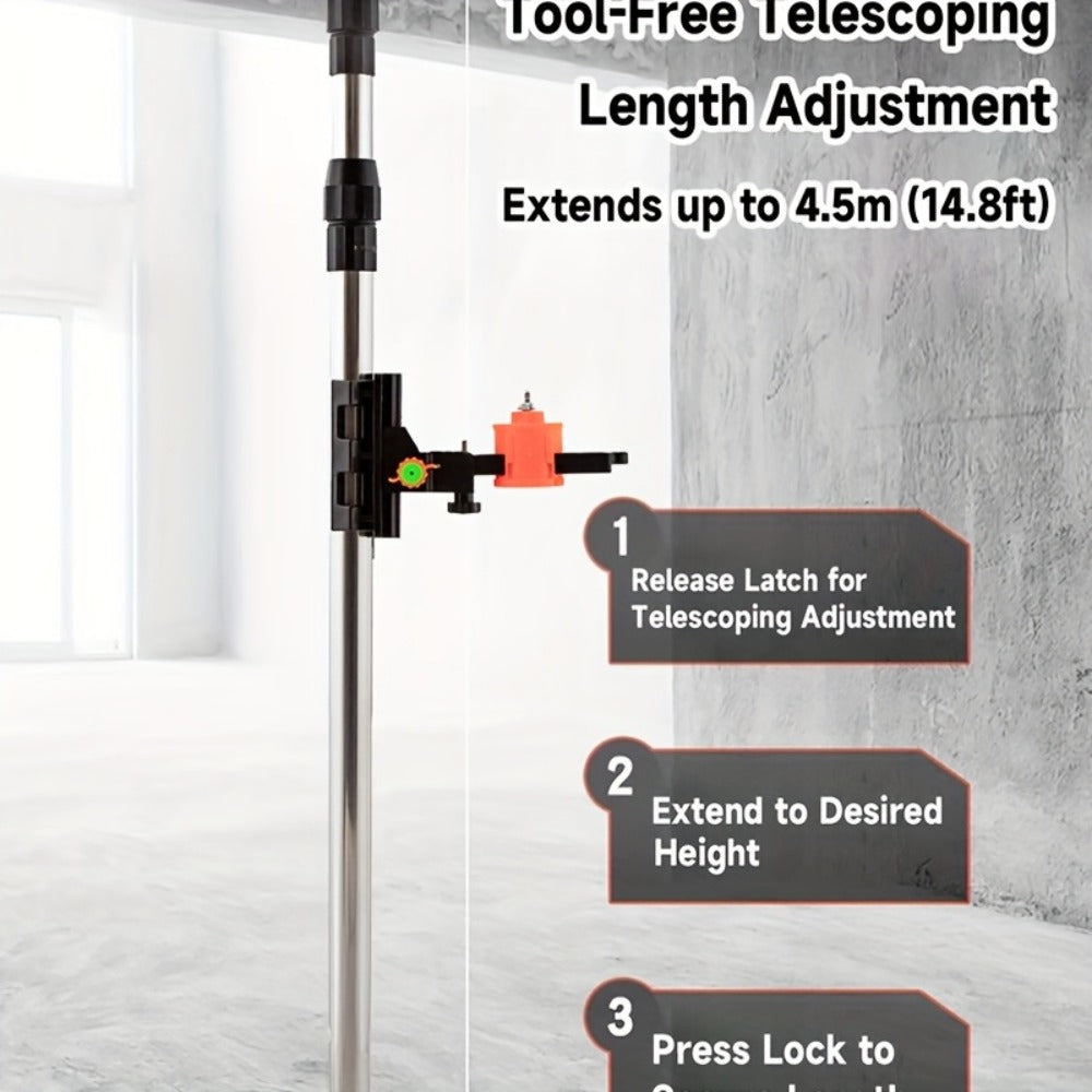 Stainless Steel Telescoping Laser Level Pole, 15.4-Foot Support Rod with 1/4-20 and 5/8-11 Mounts