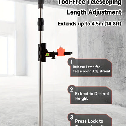 Stainless Steel Telescoping Laser Level Pole, 15.4-Foot Support Rod with 1/4-20 and 5/8-11 Mounts