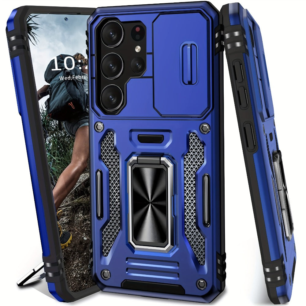 Samsung Galaxy Shockproof Magnetic Phone Case with 360° Rotating Ring Bracket & Sliding Lens Protector – Heavy Duty Cover for S24FE S23FE S22 S21FE Ultra A55 A54 A35 A34 A25 A24 A16 A15 A14 A06 A05 A05S 5G