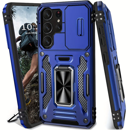 Samsung Galaxy Shockproof Magnetic Phone Case with 360° Rotating Ring Bracket & Sliding Lens Protector – Heavy Duty Cover for S24FE S23FE S22 S21FE Ultra A55 A54 A35 A34 A25 A24 A16 A15 A14 A06 A05 A05S 5G