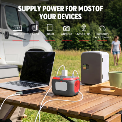 Portable Power Station 97.68Wh 120W with Six Outputs, AC Outlet, USB-C and LED Work Light for Camping