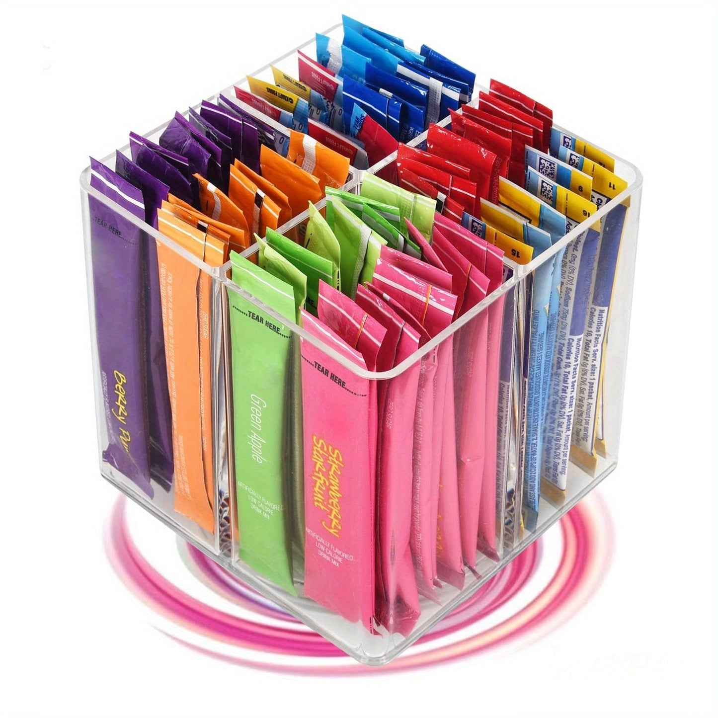 Rotating Drink Packet Kitchen Organizer, 4.5-Inch Square Acrylic Turntable with Divided Compartments