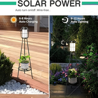 Solar Floor Lamp with Metal Plant Stand 36 Inch Outdoor Solar Light Flower Shelf for Patio Deck Yard Garden Outdoor Decor Gift Set of 2