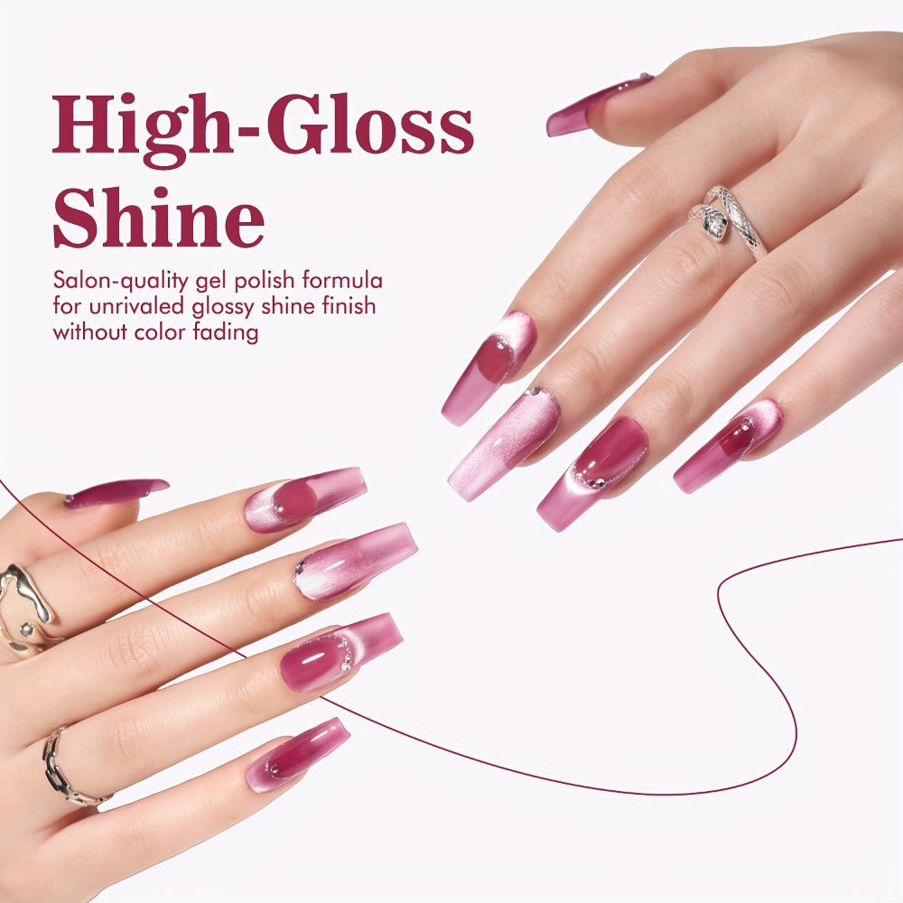 Nine-Color Cat Eye Gel Polish Jar Set with MORDDA Flower Order Shades and Included Magnetic Tool