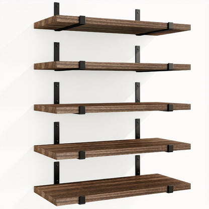 Five-Piece Rustic Floating Shelf Set with Black Metal Brackets in Light Brown, Dark Brown or Black-Gold Finishes