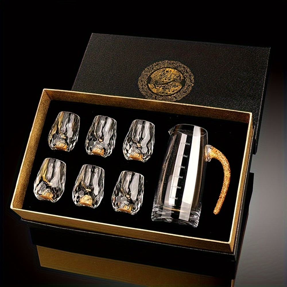 24K Gold Plated Crystal Wine Set – 1 Decanter & 6 Cups with Leakproof Crystal Glasses – Elegant Black Gift Box – Luxury Home Bar, Wedding & Party Gift for Wine Lovers