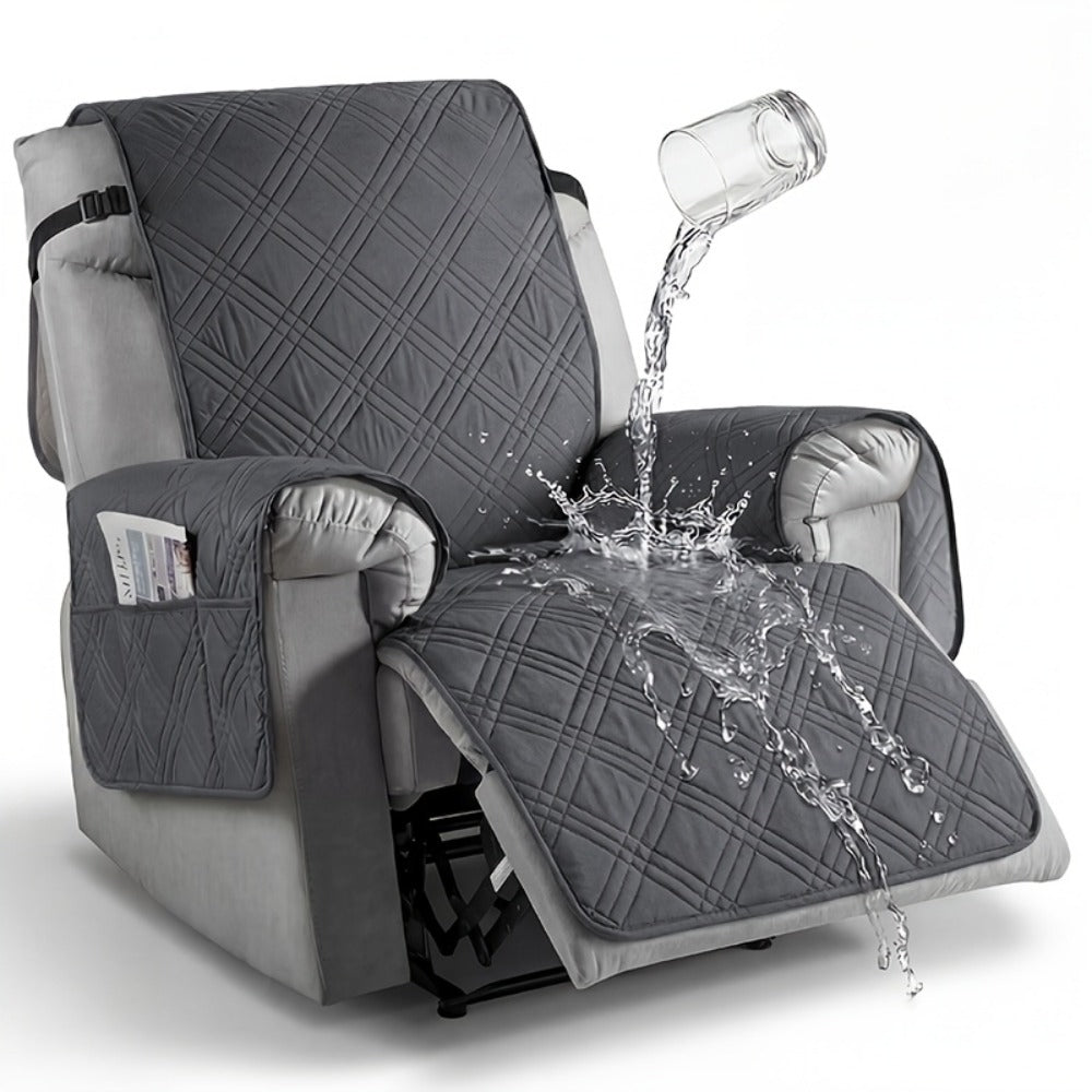 Quilted One-Piece Recliner Chair Cover with Side Pocket, Back Strap and Six Solid Color Options