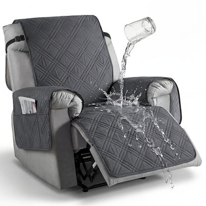 Quilted One-Piece Recliner Chair Cover with Side Pocket, Back Strap and Six Solid Color Options