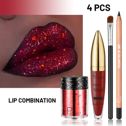 Metallic Glitter Lip Kit 4-Piece – Sparkling Lip Liner, High-Shine Lip Gloss, Chunky Glitter & Lip Brush Combo for Party, Festival, Rave & Holiday Makeup, Gift for Women
