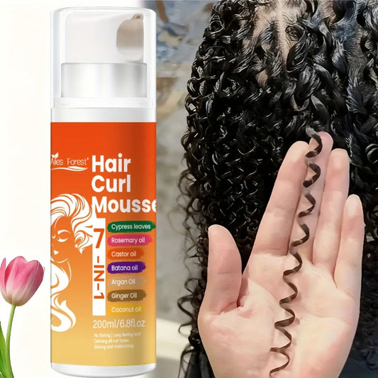 7-in-1 Natural Oil Curl Mousse Long-Lasting Hold Deep Moisturizing Rosemary Castor Coconut Oil — Smoothing Frizz-Free Curl Defining Foam for Wavy Curly Coily Hair Women Men 6.76oz