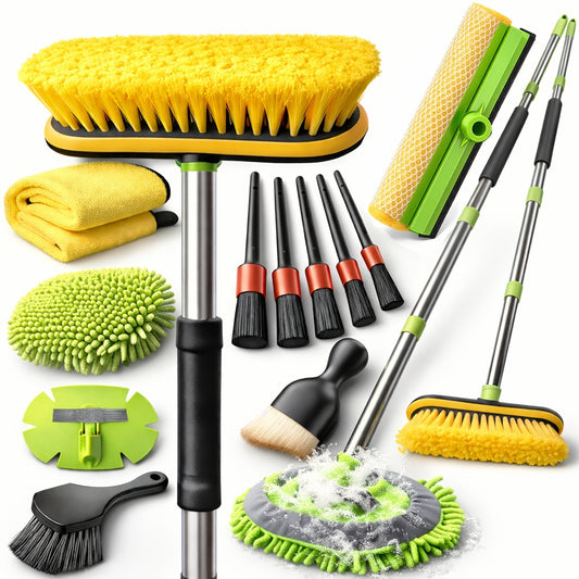 Car Wash Brush Kit with 69" Long Handle - 8-Piece Set with Tire Brush, Squeegee, Chenille Mitt, Detailing Brush & Microfiber Towel for Car, Truck, SUV & RV