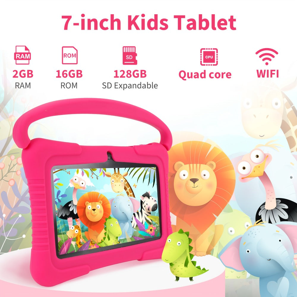 Kids Tablet 7 Inch Android 2GB RAM 16GB with Eye Protection Screen, Dual Camera, Silicone Case & Parental Controls – WiFi Learning Tablet Gift for Boys & Girls Ages 3-10, Pink / Light Blue