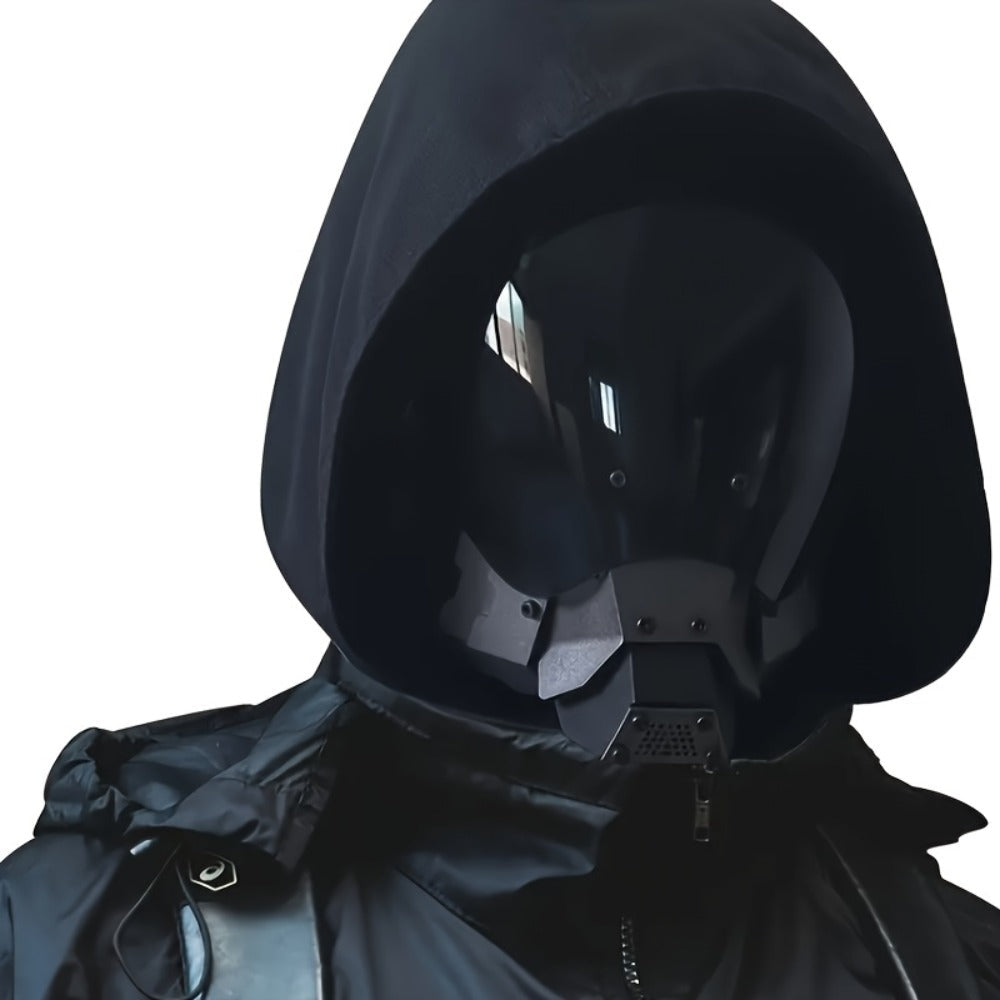 Black Reflective Cyberpunk Costume Mask with Full-Face Visor and Detachable Mechanical Lower Panel