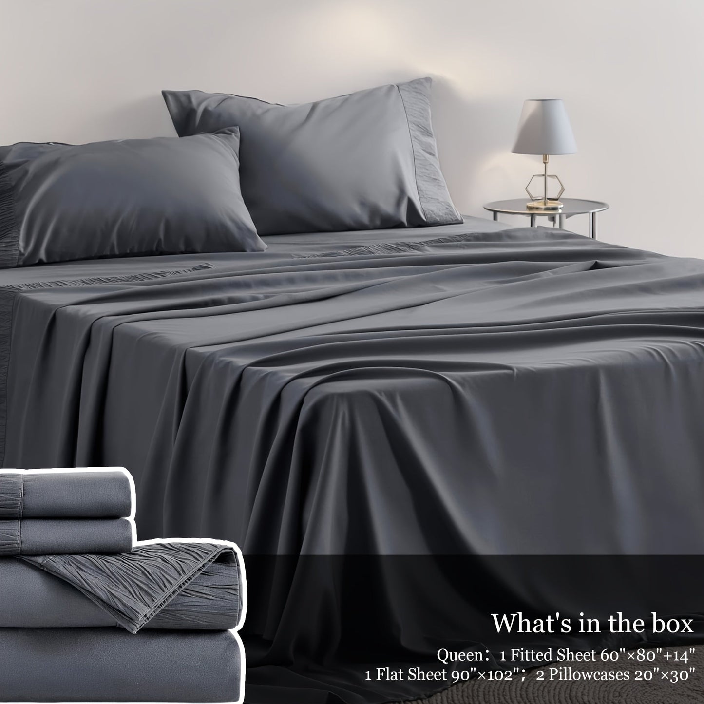 Sheet Set, Four-Piece Solid-Color Bedding with Deep-Pocket Fitted Sheet, Flat Sheet and Two Pillowcases