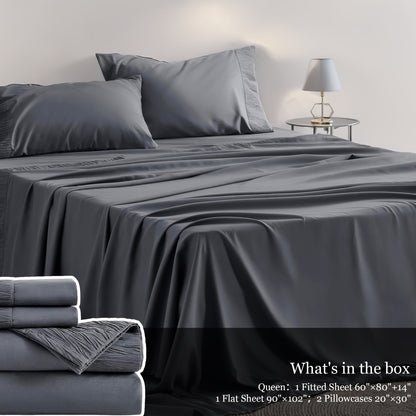 Sheet Set, Four-Piece Solid-Color Bedding with Deep-Pocket Fitted Sheet, Flat Sheet and Two Pillowcases