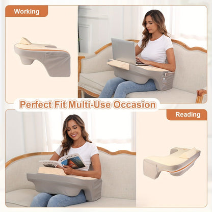 Gray Reading Lap Cushion with Armrests, Cup Holder, Side Pocket and Removable Top Pad for Bed or Sofa