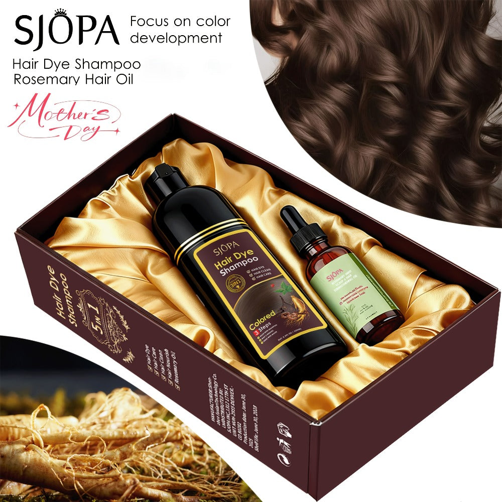 Hair Dye Shampoo, SJOPA 500ml Bottle and Rosemary Hair Oil Set with Seven Color Options for At-Home Color Selection