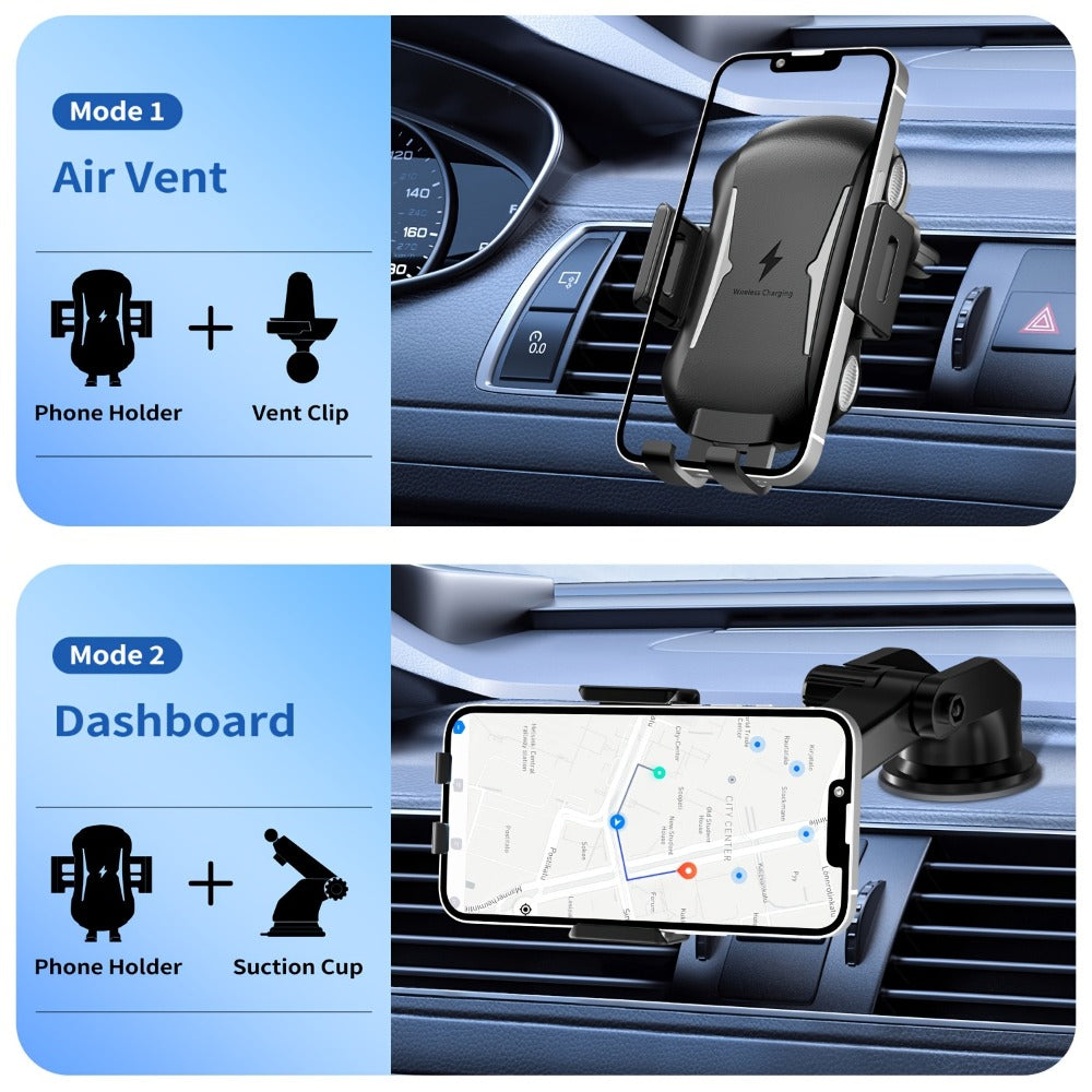 Infrared Auto-Sensing Car Phone Mount 10W Wireless Charging Auto-Lock Clamp Vent Clip Dashboard Suction 360° for iPhone 16 15 14 13 12, Samsung Galaxy S24 S23 S22, All Qi Devices – Black