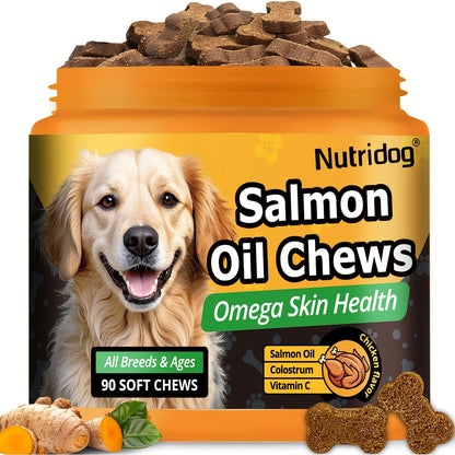 Dog Probiotic Chews with Salmon Oil – 90 Soft Chews for Coat & Gut Health | Chicken Flavor Nutritional Supplement for Dogs of All Ages, Sensitive Digestion & Immune Support