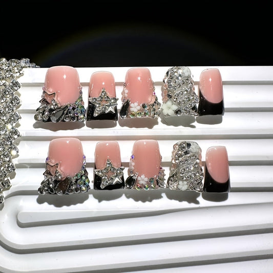 Press On Nails 10-Piece Short Duckbill Set with Black French Tips, Snake, Stars and Self-Adhesive Gel Tabs