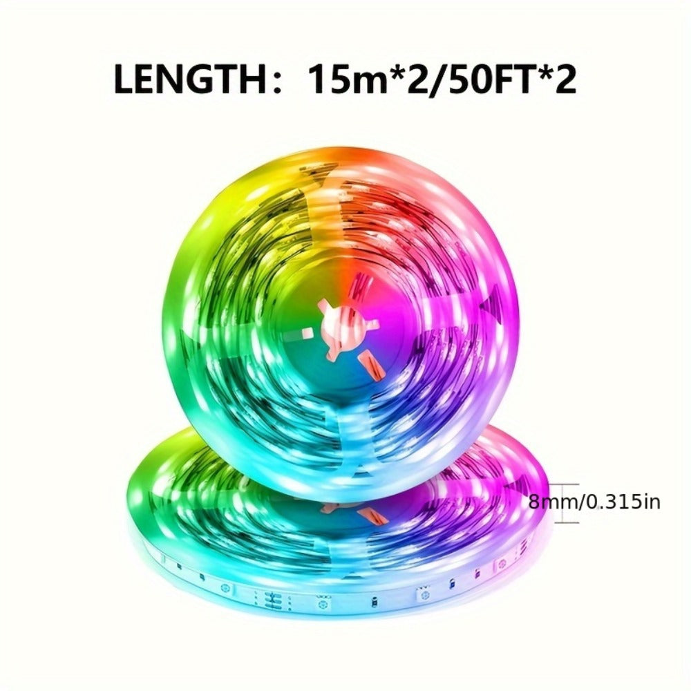 100ft RGB LED Strip Light Kit with Two 50ft Rolls, App Control, 44-Key Remote and 24V Adapter