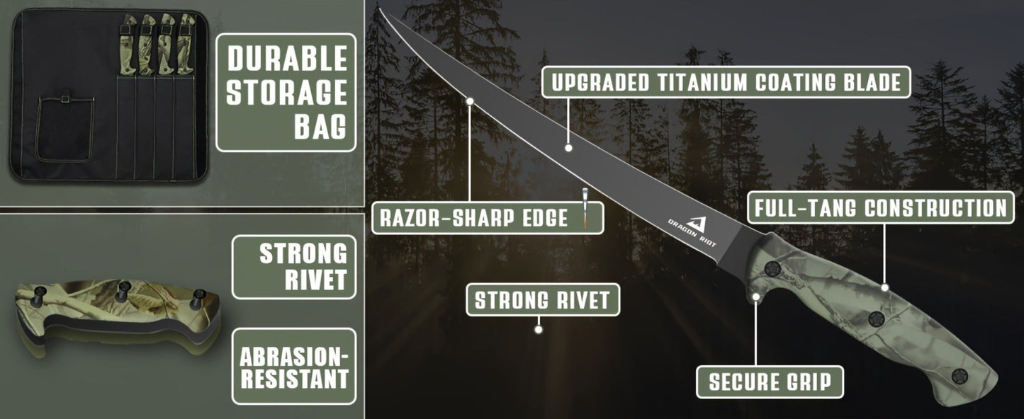 Four-Piece Fillet Knife Set with 5-, 6-, 7- and 9-Inch Labels, Zip Storage Bag and Pocket Sharpener