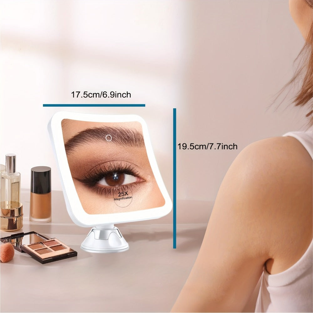 25X Magnifying Mirror with LED Light Suction Cup Mount, Lighted Makeup Mirror 360° Rotation Touch Control 3 Color Modes 2000mAh Rechargeable for Bathroom Vanity Eyebrow Skincare, Tweezer Gift Set