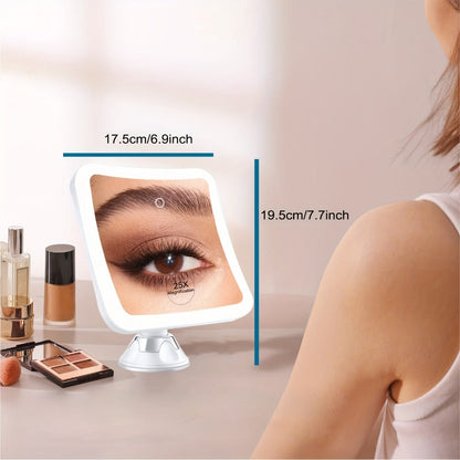 25X Magnifying Mirror with LED Light Suction Cup Mount, Lighted Makeup Mirror 360° Rotation Touch Control 3 Color Modes 2000mAh Rechargeable for Bathroom Vanity Eyebrow Skincare, Tweezer Gift Set