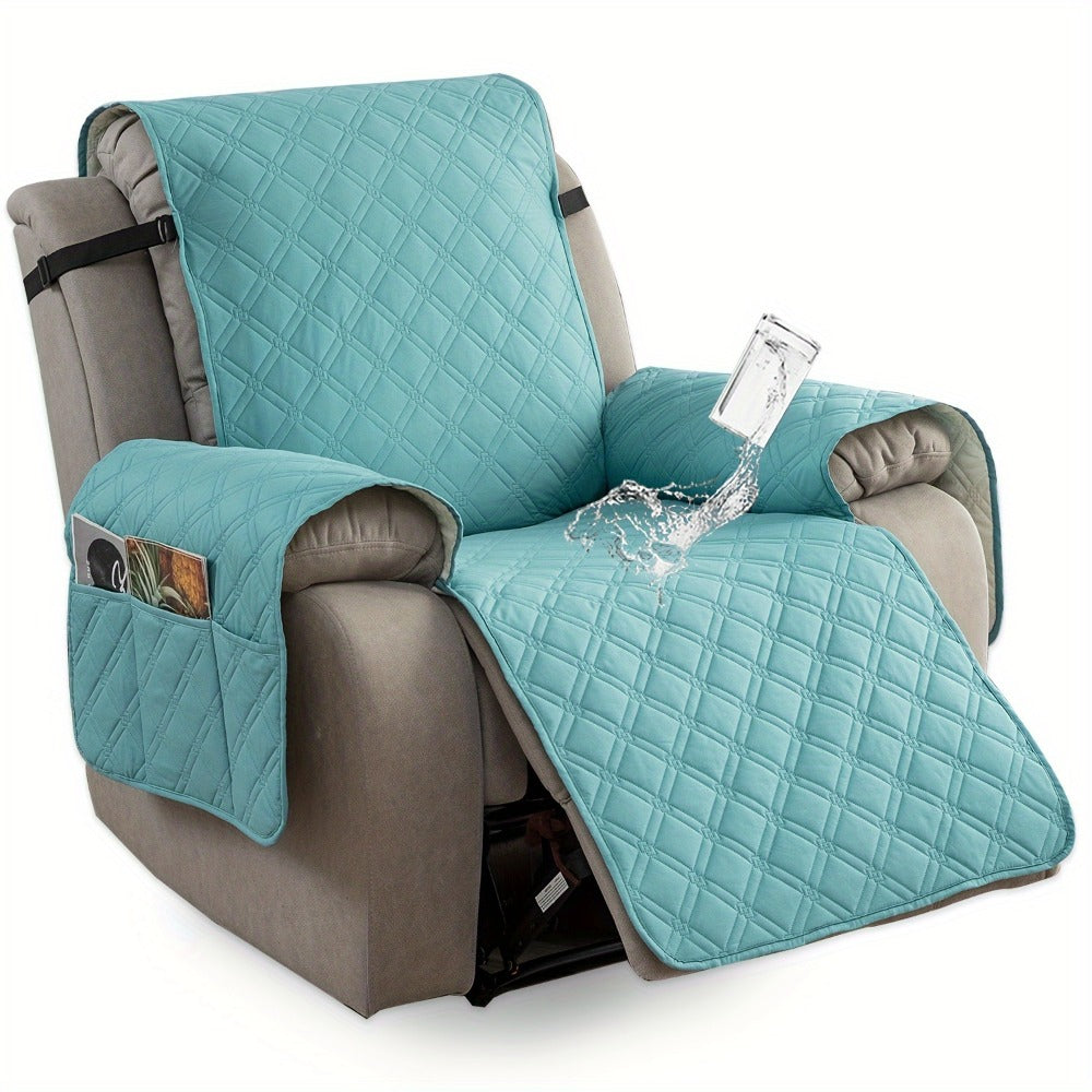 Quilted One-Piece Recliner Chair Cover with Side Pockets, Back Buckle Strap and 11 Color Options