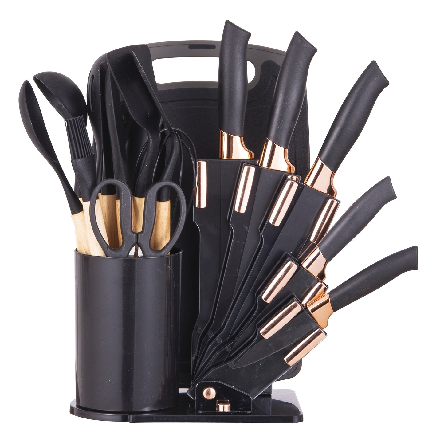 19-Piece Kitchen Knife & Utensil Set with Wooden Handles, Non-Stick Blades, Silicone Cooking Tools, Cutting Board, Scissors & Holder