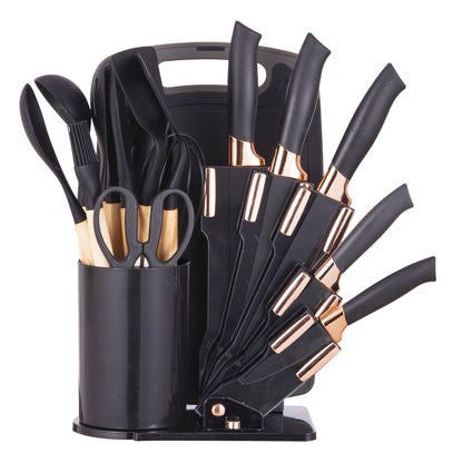 19-Piece Kitchen Knife & Utensil Set with Wooden Handles, Non-Stick Blades, Silicone Cooking Tools, Cutting Board, Scissors & Holder