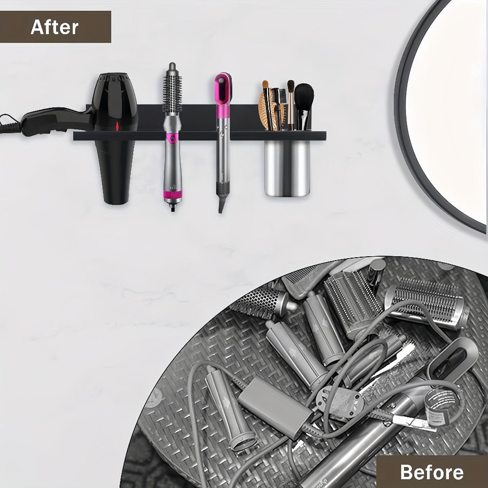Wall-Mounted Wooden Hair Tool Organizer with Holder for Hair Dryer, Curling Iron and Brushes in Two Colors