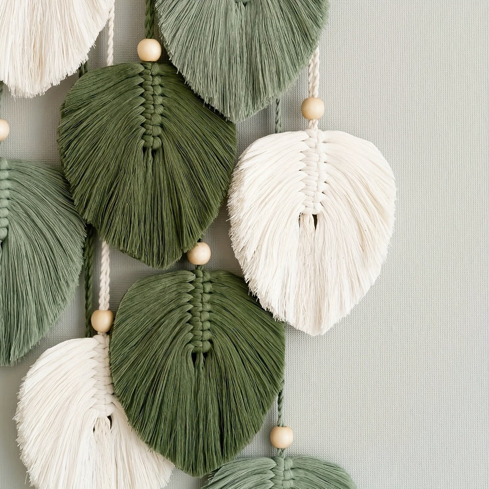 Green Leaf Macrame-Style Wall Hanging with Wooden Dowel, Beaded Cord and 21.6-Inch Listed Length