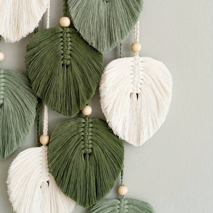 Green Leaf Macrame-Style Wall Hanging with Wooden Dowel, Beaded Cord and 21.6-Inch Listed Length
