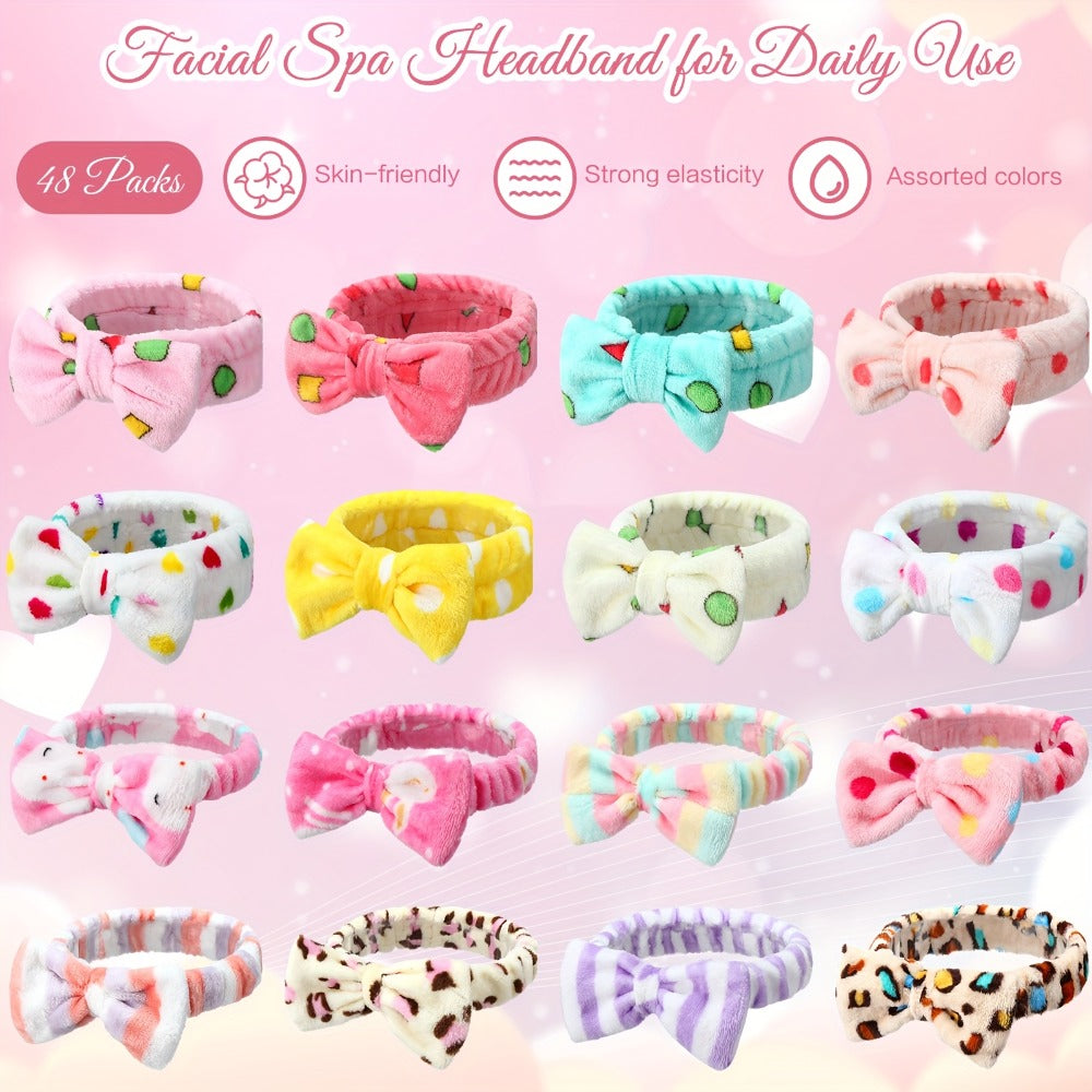 Spa Headbands for Women 48 Pack Fluffy Plush Bow Hair Band – Novel Pattern Mixed Color Bulk Set for Face Washing Makeup Shower Skincare Facial Cleansing Slumber Party Bachelorette Esthetician Supplies
