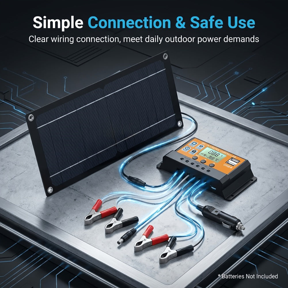 Solar Panel Kit with Charge Controller, Extension Cord & Battery Clamps - Universal Off-Grid Power for RV, Boat, Motorcycle, Outdoor Camera & Solar Generator