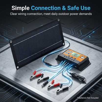Solar Panel Kit with Charge Controller, Extension Cord & Battery Clamps - Universal Off-Grid Power for RV, Boat, Motorcycle, Outdoor Camera & Solar Generator