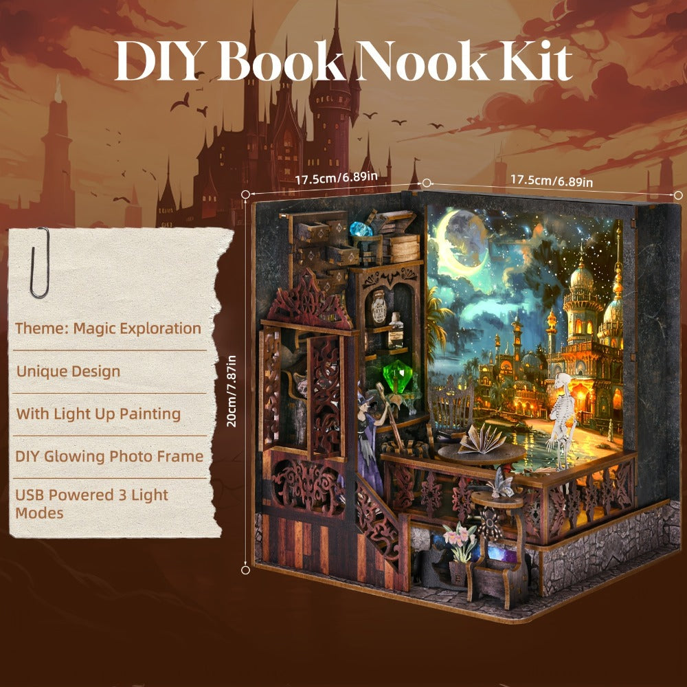 Magic Exploration Book Nook Kit CH03 with Library Workshop Scene, Three Light Modes and Paintable Front Panel