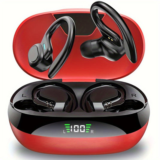 Wireless Earbuds Bluetooth 5.4 Sport Earhooks with LED Battery Display in Black, Red or Blue