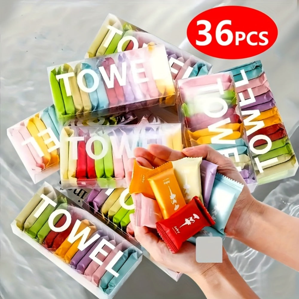 36-Piece Compressed Disposable Face Towel Set with Individually Wrapped Mixed Colors for Dry or Wet Travel Use