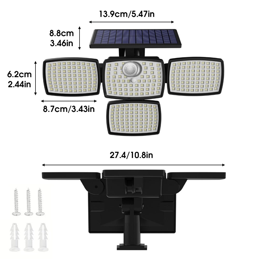 Solar Outdoor Motion Sensor Light 4-Head 3000LM, 270° Wide Angle, 3 Modes, Remote Control for Garden, Pathway and Patio Lighting