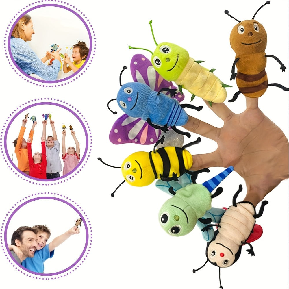 Six-Piece Insect Finger Puppet Set with Six Colorful Bug Designs for Storytelling and Pretend Play