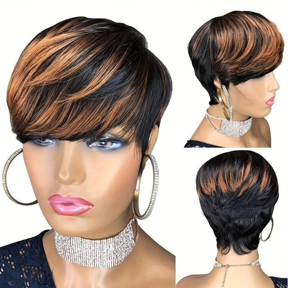 Synthetic Wig 10-Inch Bronze Ombre Pixie with Bangs, Straight Texture and Rose Net Cap for Daily Style