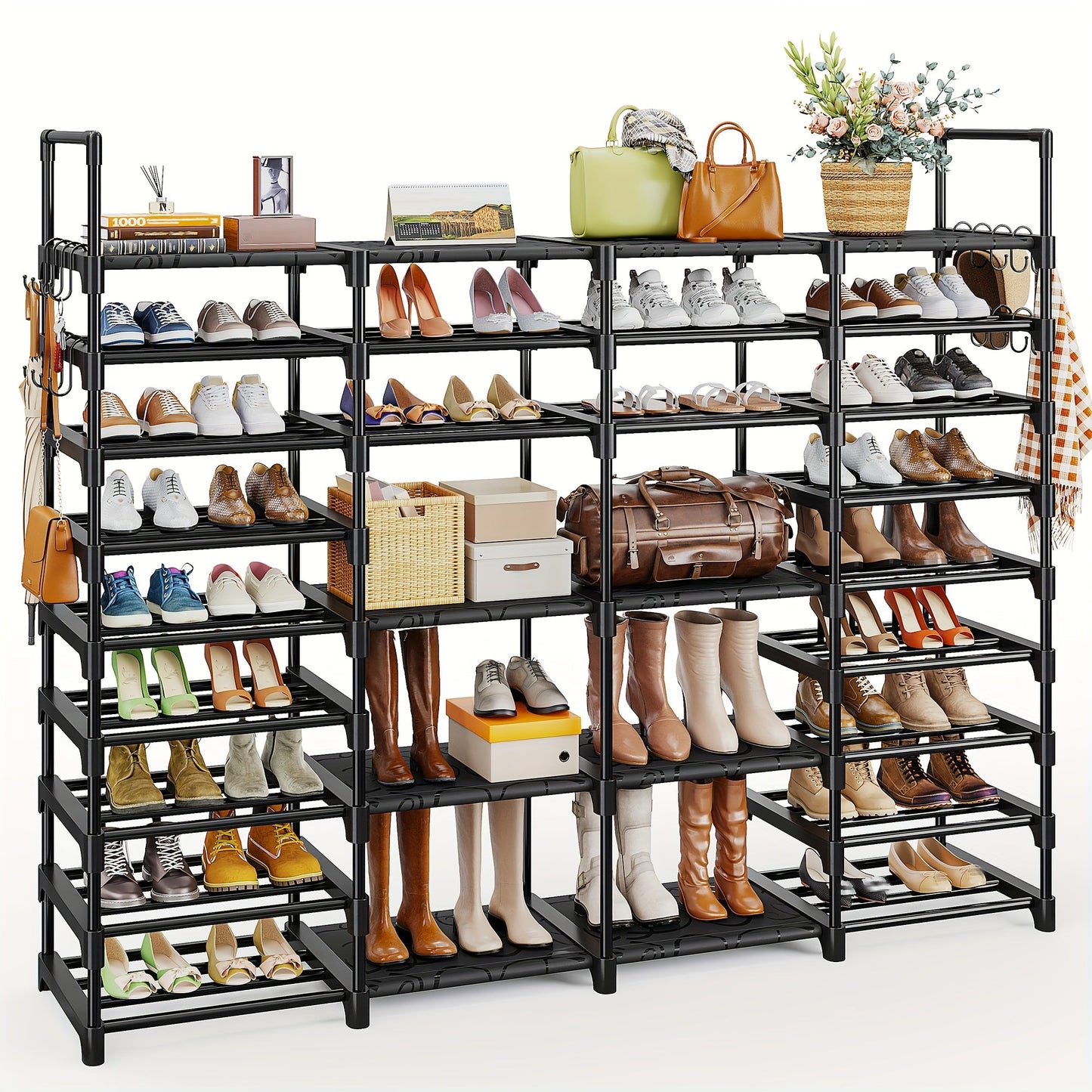 Shoe Rack 4-Row Metal Organizer with 6-Tier 55-Pair or 9-Tier 64-Pair Black Configurations