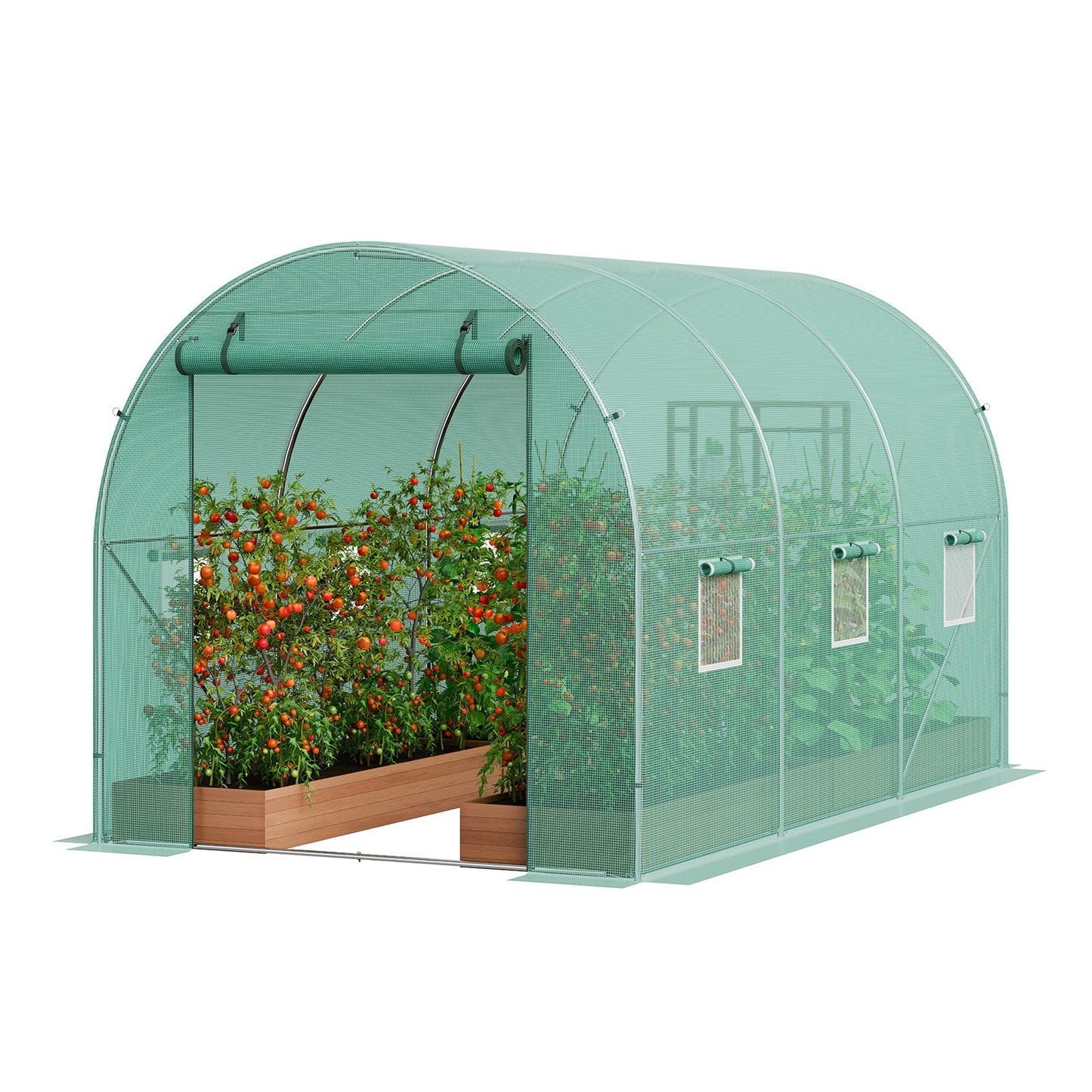 10- to 20-Foot Tunnel Greenhouse with Green Cover, Roll-Up Door and Size-Specific Vent Windows