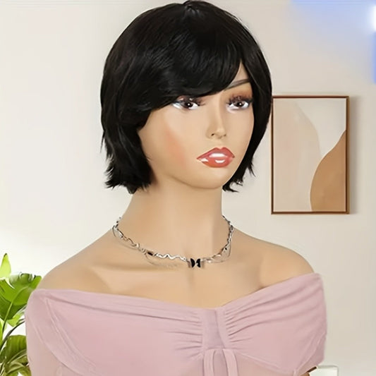 Wig Short Curly Wavy Pixie Bob in Natural Black, 6-Inch Human Hair with Bangs and Rose Net Cap