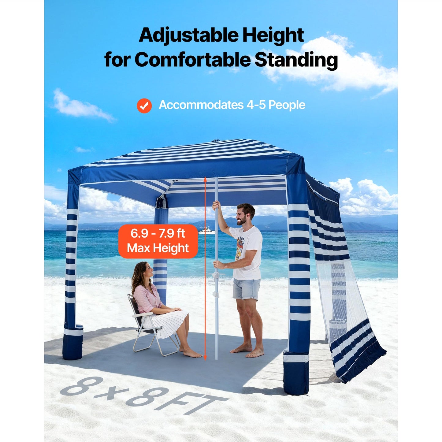 Beach Cabana 8x8ft UPF 50+ Adjustable Height Side Wall Navy Stripes