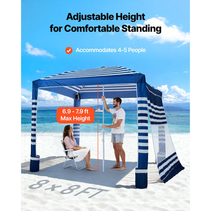 Beach Cabana 8x8ft UPF 50+ Adjustable Height Side Wall Navy Stripes