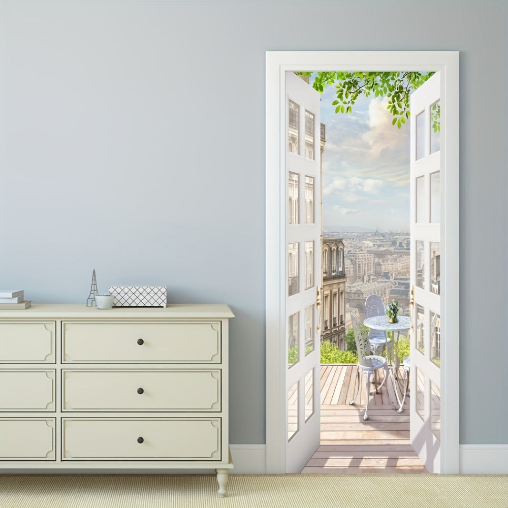 Balcony-View Door Mural Panel Set with Two 17.7-Inch Sheets and 35.43 x 78.74-Inch Final Scene