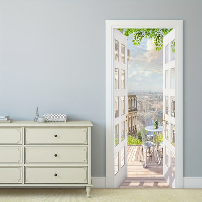 Balcony-View Door Mural Panel Set with Two 17.7-Inch Sheets and 35.43 x 78.74-Inch Final Scene